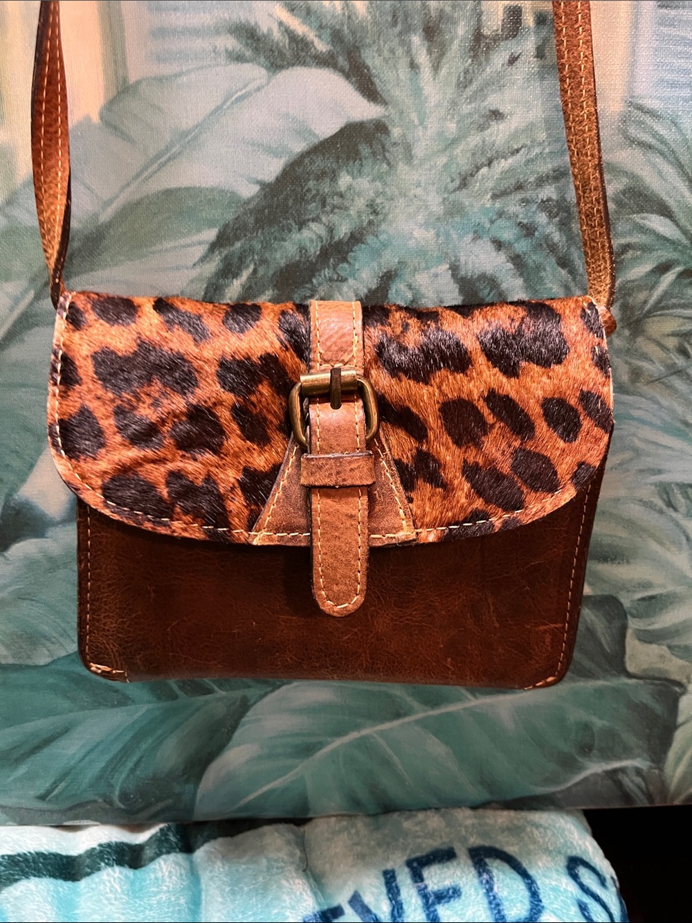 Patricia Nash  leopard-Print Brown Leather Crossbody Bag with Buckle